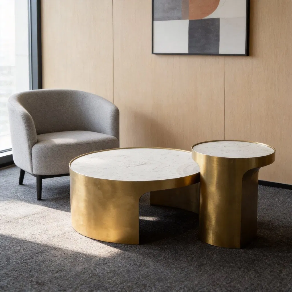 Conjunto de Mesas de Café Laterais Redondas de Mármore Artificial de Luxo para Sala de Estar, com Estrutura de Aço Inoxidável em Ouro Titânio, Mesas de Café Circulares e Brancas em Camadas