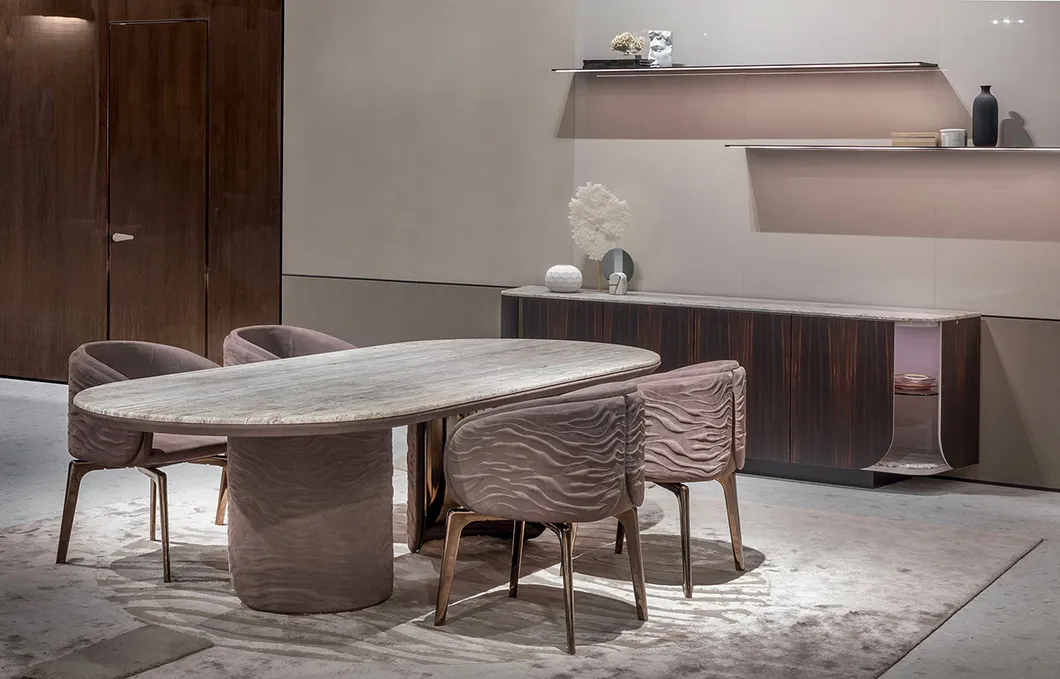 Mesa de Jantar Oval de Mármore Luxuosa com Pedestais Duplos e Pernas de Metal para Decoração de Villa
