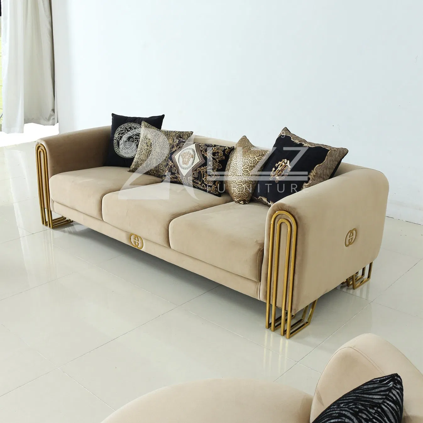 Conjunto de Sofá, Cadeira e Couch de Veludo para Sala de Estar de Luxo Moderno 1 2 3 com Pernas Douradas