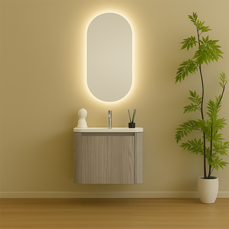 Vanidade de banheiro cinza em PVC com cantos arredondados modernos e espelho oval com LED