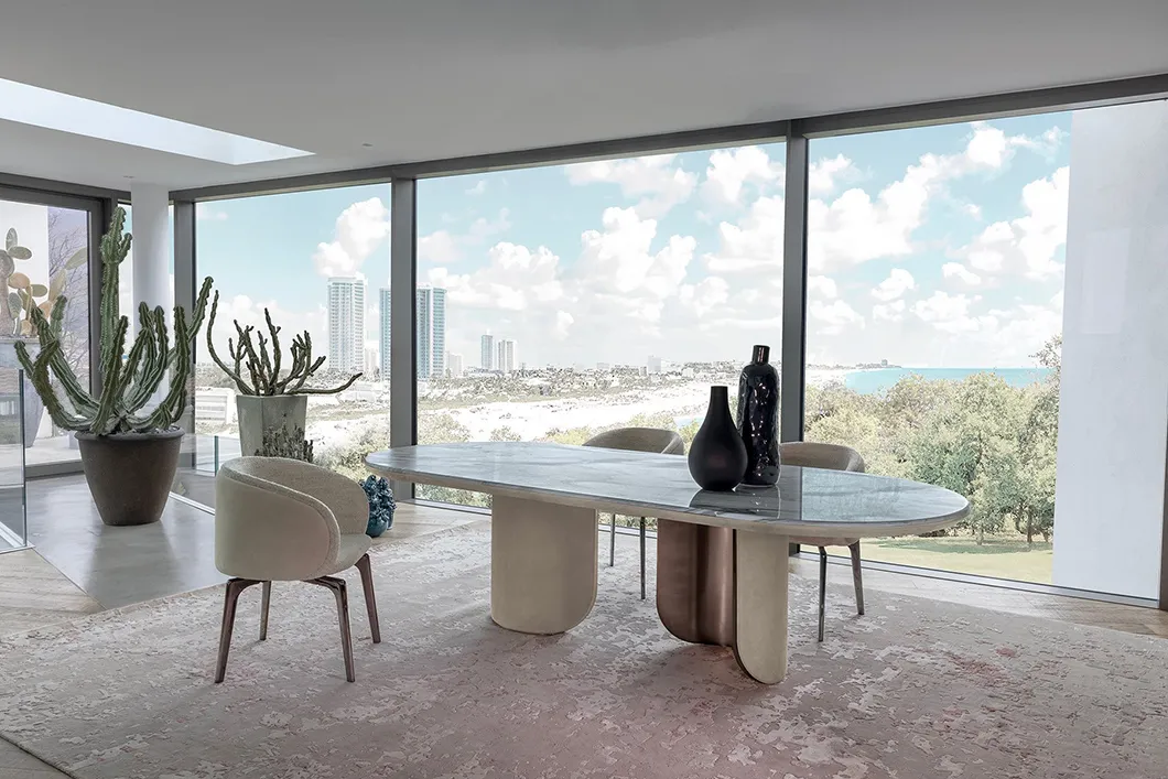 Mesa de Jantar Oval de Mármore Luxuosa com Pedestais Duplos e Pernas de Metal para Decoração de Villa