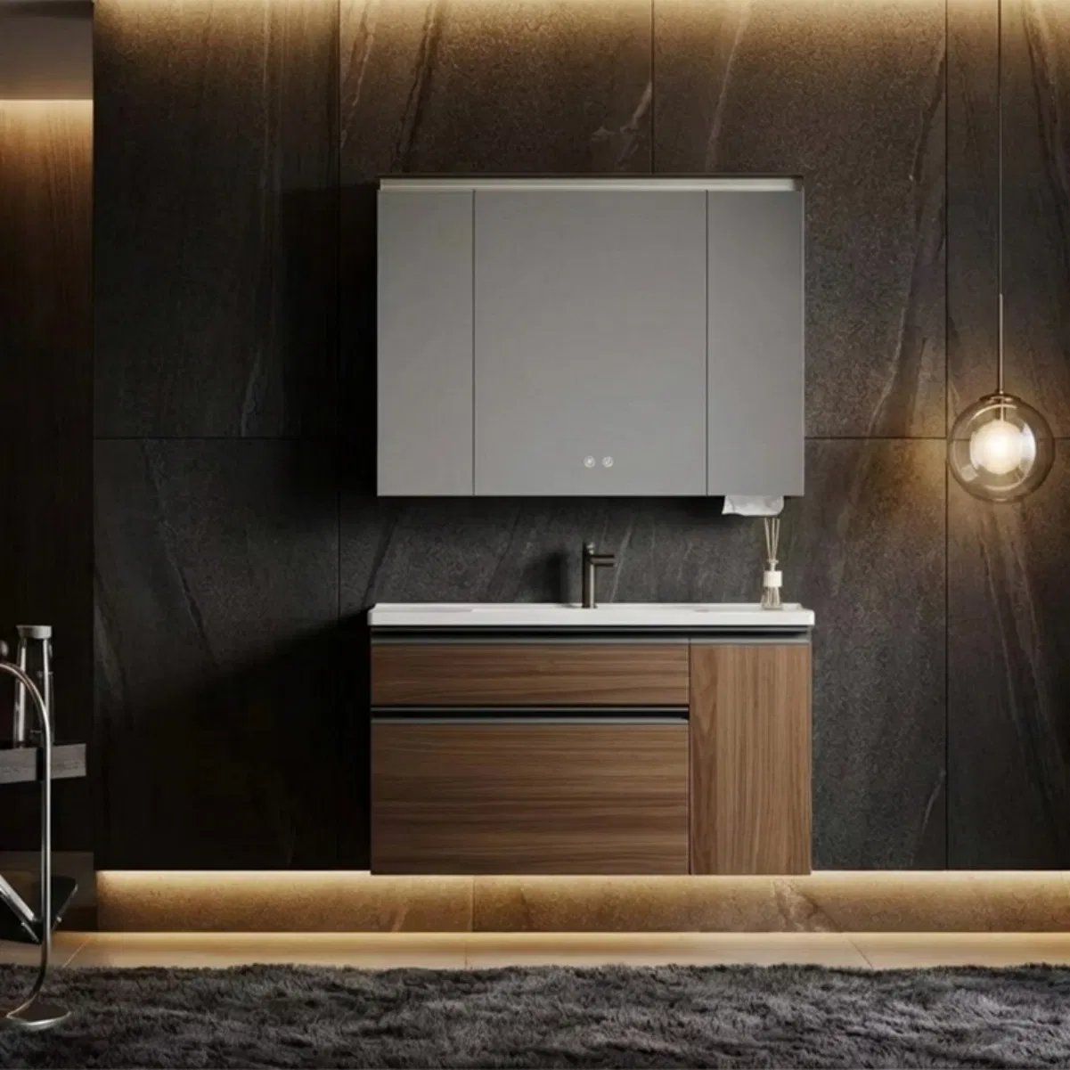 Vanidade de banheiro moderna de luxo estilo italiano montada na parede, venda quente de bacia integrada