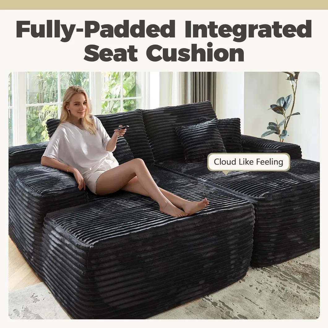 Sofá Comprimido Modular Moderno de Corduroy com Chaise Dupla Sem Ossos e Tamanho Grande