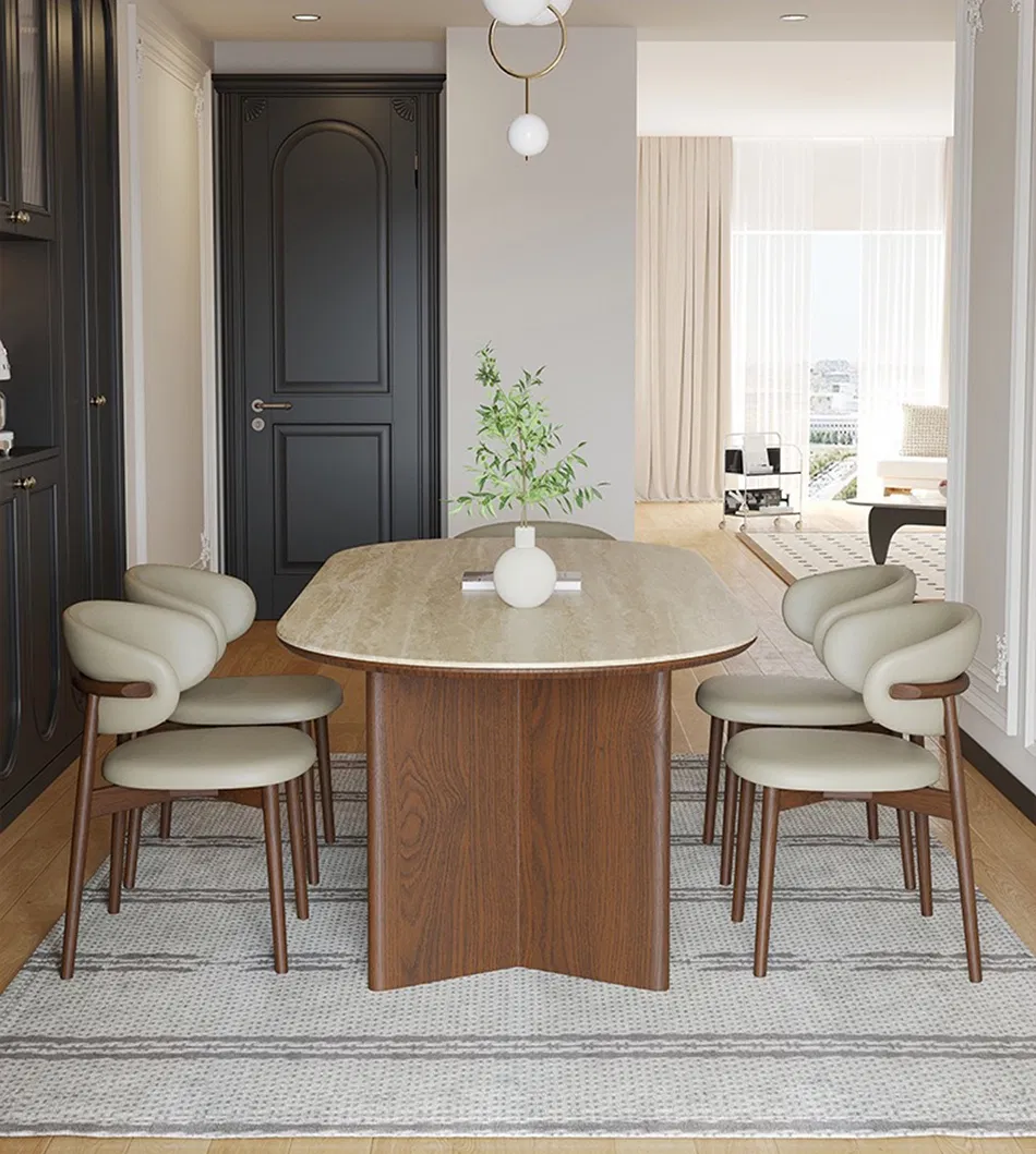 Mesa de Jantar Moderna Escandinava Extensível em Madeira Sólida com Topo de Mármore