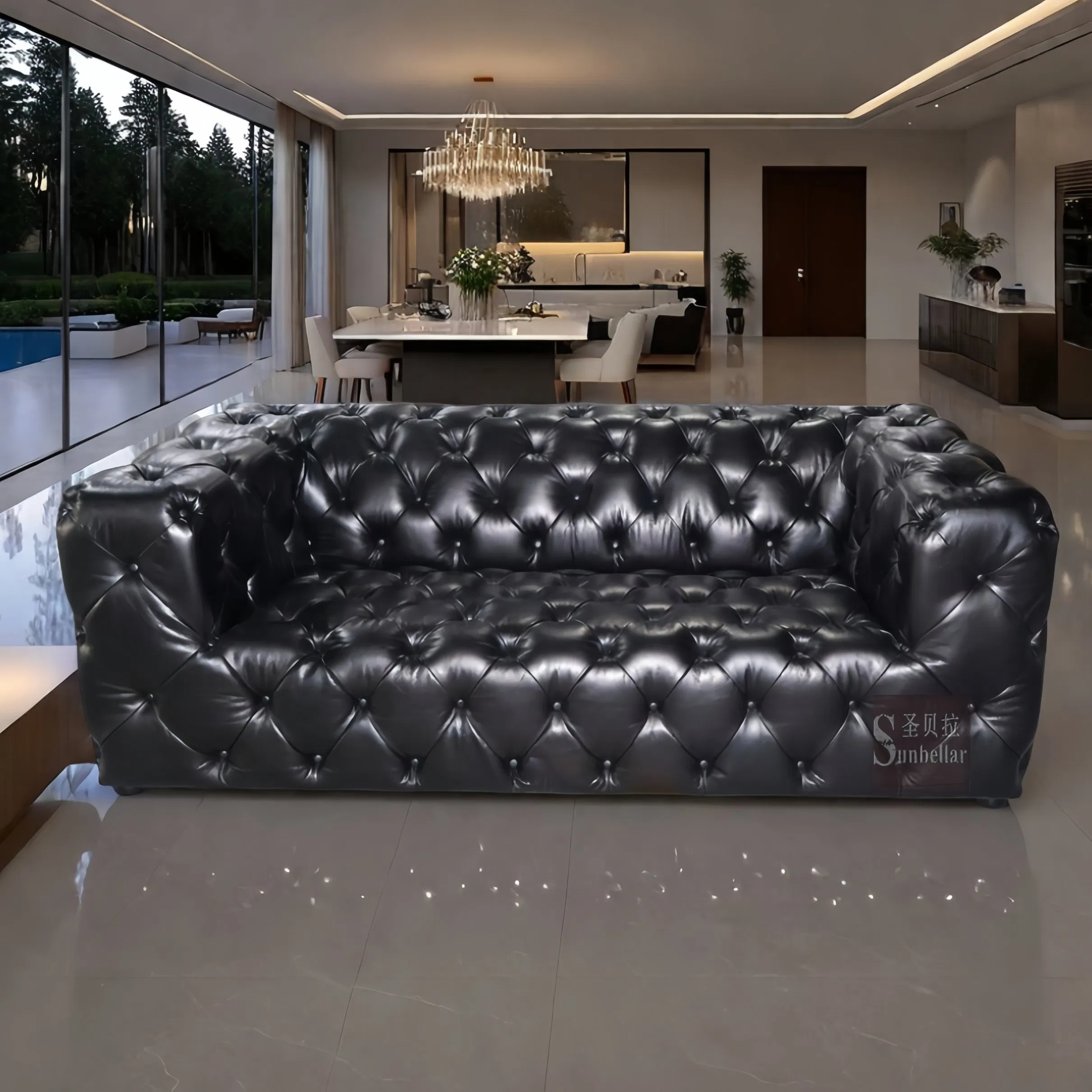 Sofá Chesterfield de Couro Genuíno Personalizado para Sala de Estar, Escritório, Hotel 3 lugares