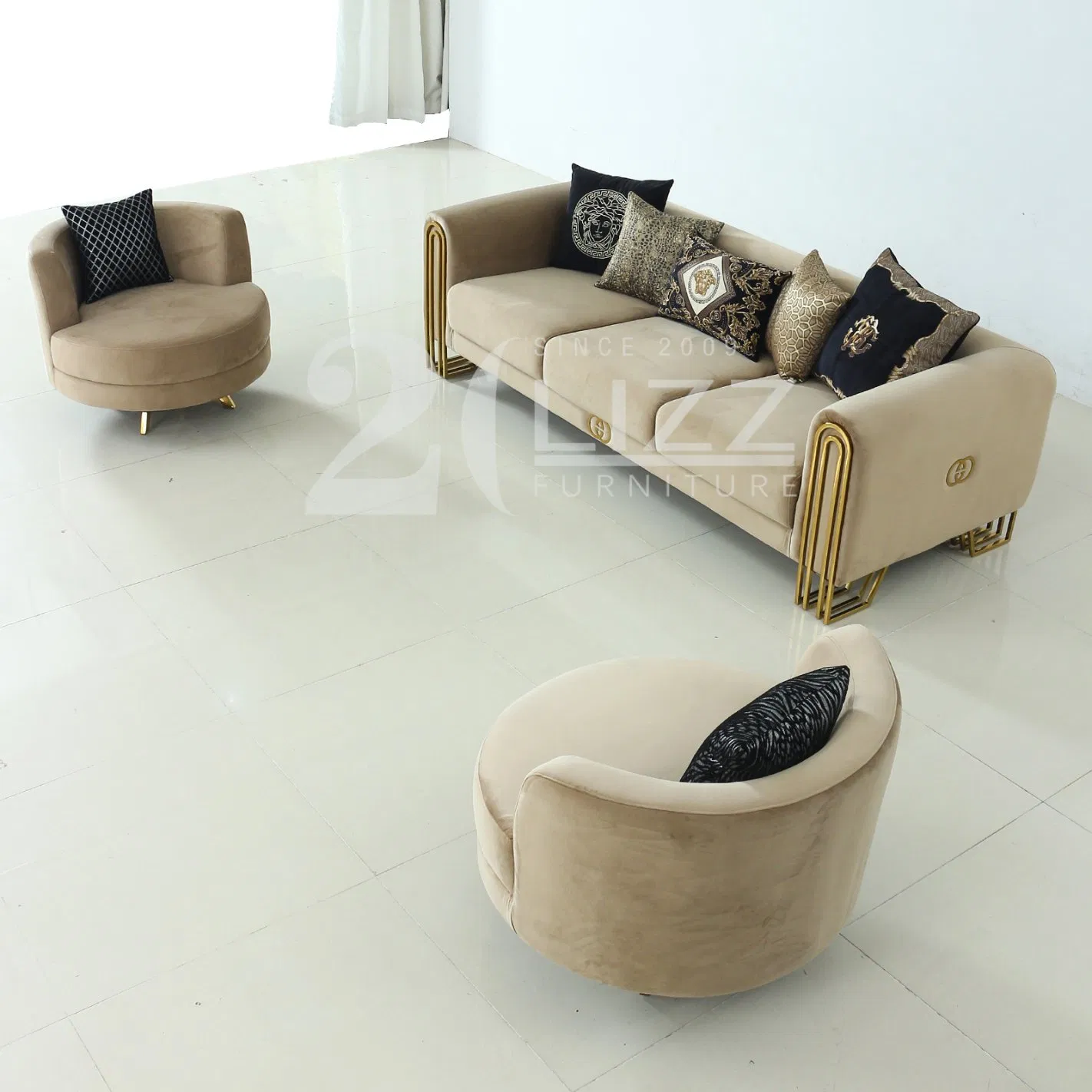 Conjunto de Sofá, Cadeira e Couch de Veludo para Sala de Estar de Luxo Moderno 1 2 3 com Pernas Douradas