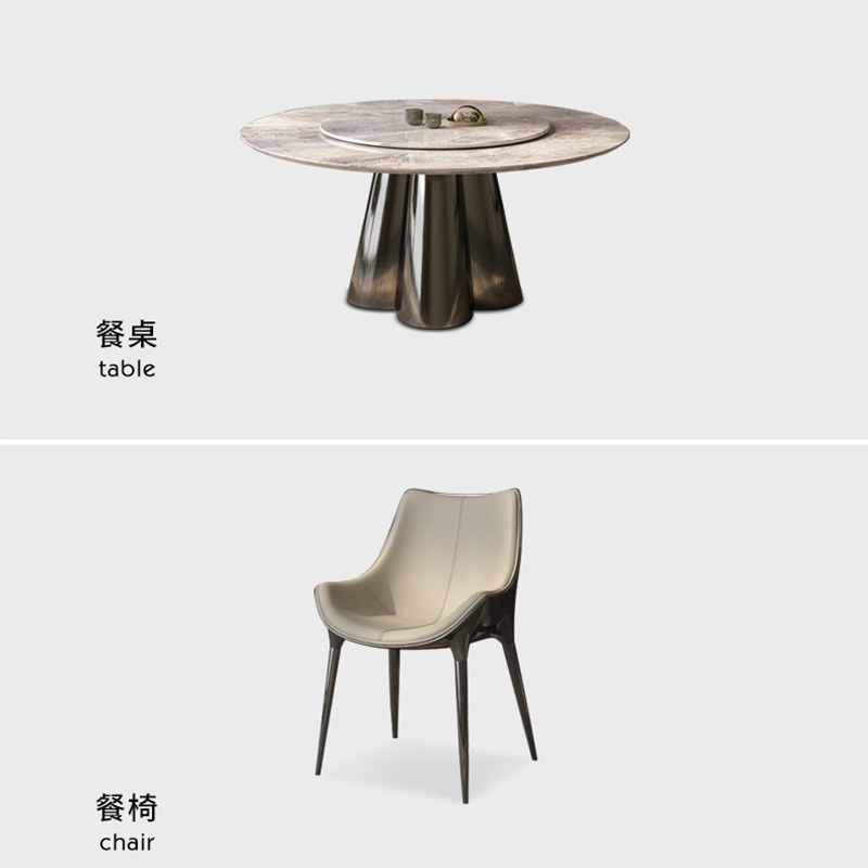 Conjunto de Mesa de Jantar com Tampão de Pedra Sinterizada Branca Redonda e Base de Aço Inoxidável