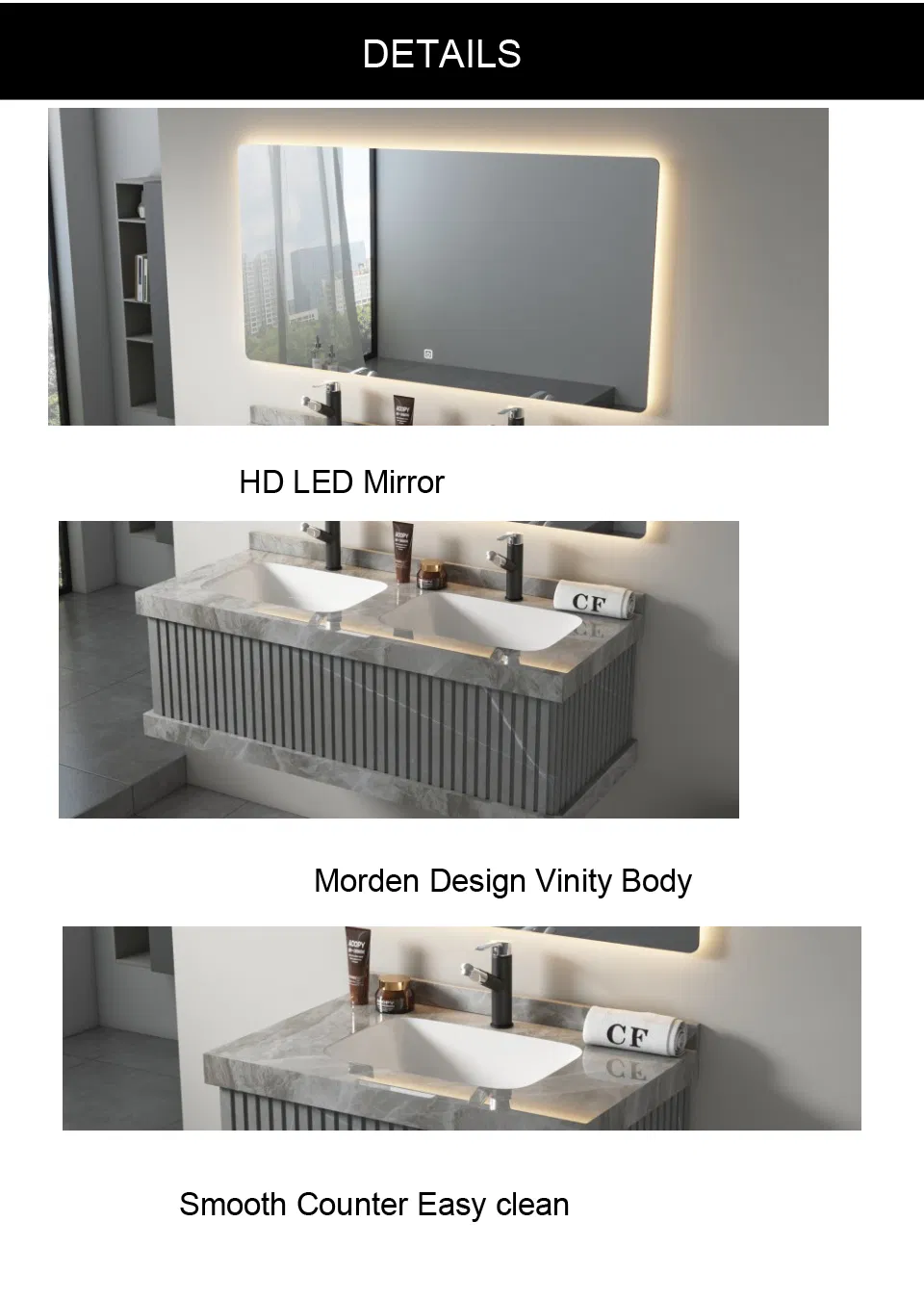 Vanidade de banheiro moderna de luxo com pias duplas, design individual, gabinete em pedra sinterizada com espelho