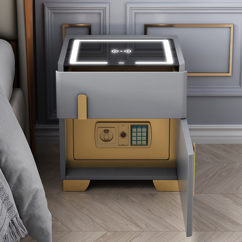 Mesa de cabeceira moderna de luxo em madeira com carregador USB, mesa de cabeceira de couro luxuoso e seguro, mesa de cabeceira inteligente com luz LED e alto-falante