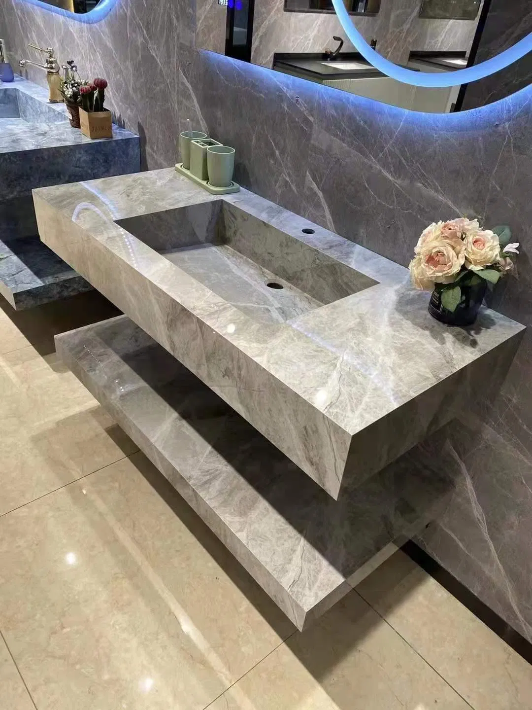 Novo Sinterizado 15mm Tamanho Personalizado Dupla Camada Mármore Sinterizado Pedra Montada na Parede Mobiliário de Hotel Armário de Banheiro Vanity