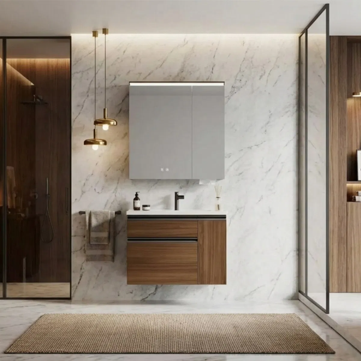 Vanidade de banheiro moderna de luxo estilo italiano montada na parede, venda quente de bacia integrada
