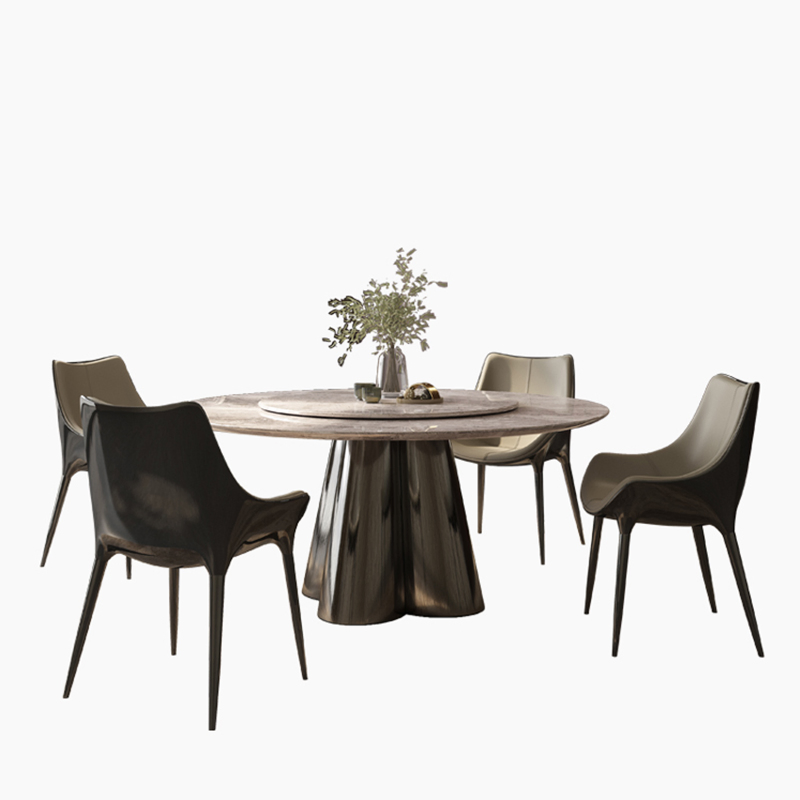 Conjunto de Mesa de Jantar com Tampão de Pedra Sinterizada Branca Redonda e Base de Aço Inoxidável