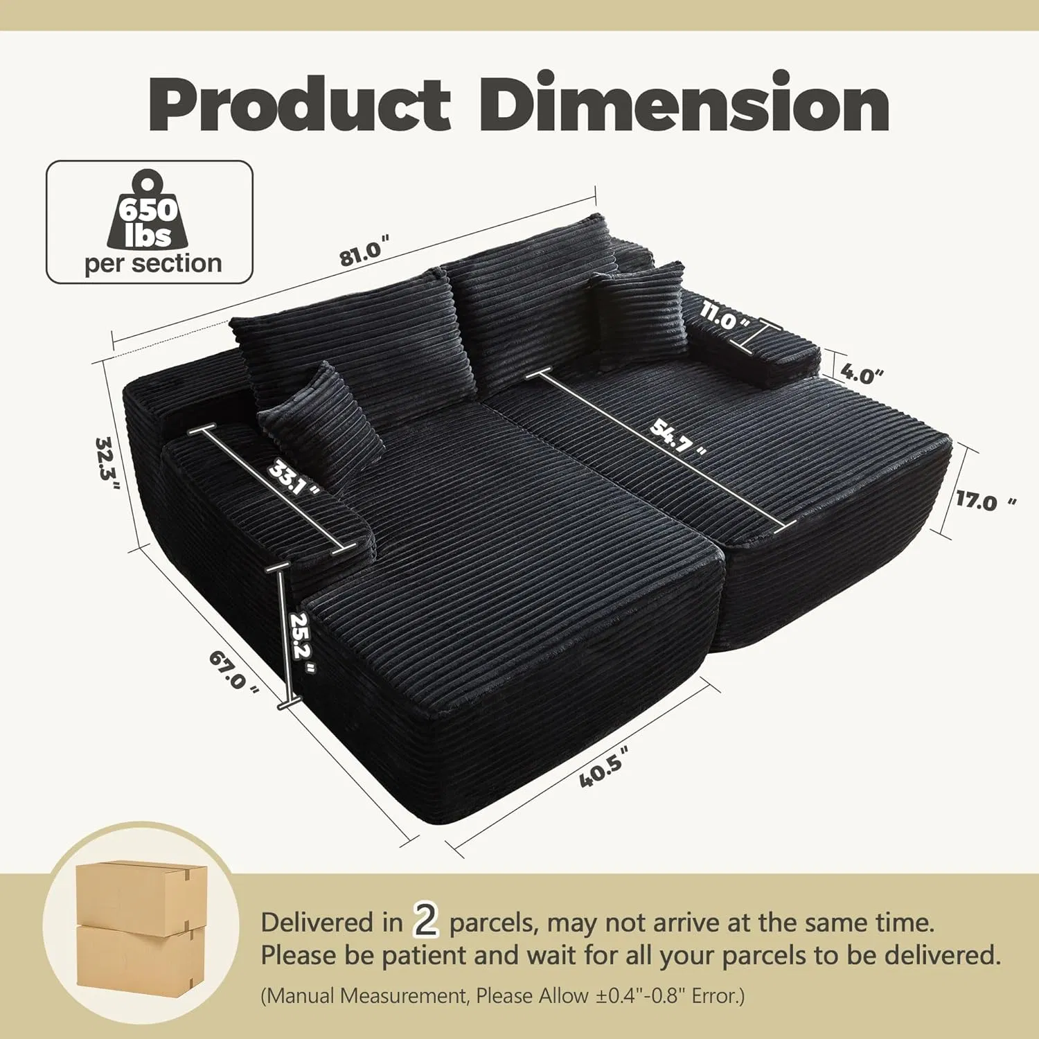 Sofá Comprimido Modular Moderno de Corduroy com Chaise Dupla Sem Ossos e Tamanho Grande