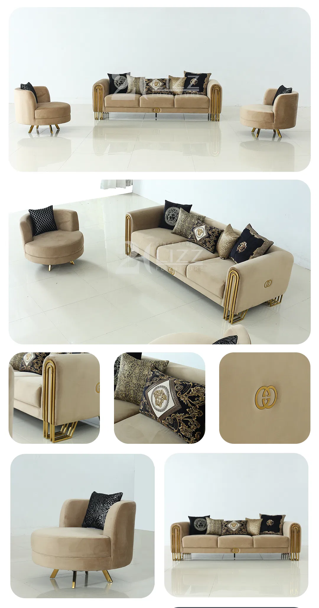 Conjunto de Sofá, Cadeira e Couch de Veludo para Sala de Estar de Luxo Moderno 1 2 3 com Pernas Douradas