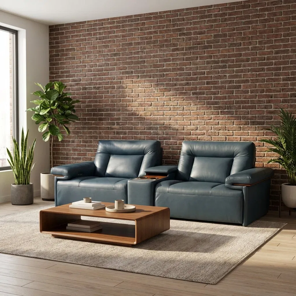 Sofá Recliner Elétrico de Couro Genuíno Contemporâneo 3 Lugares com Armazenamento no Console Ajustável por Energia para Sala de Estar Grande