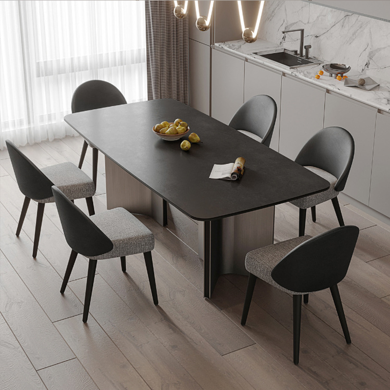 Conjunto de Móveis para Sala de Jantar em Estilo Moderno Italiano com Tampo de Mármore e Pernas de Aço Inoxidável, Mesa de Jantar Retangular em Pedra Sinterizada para o Lar