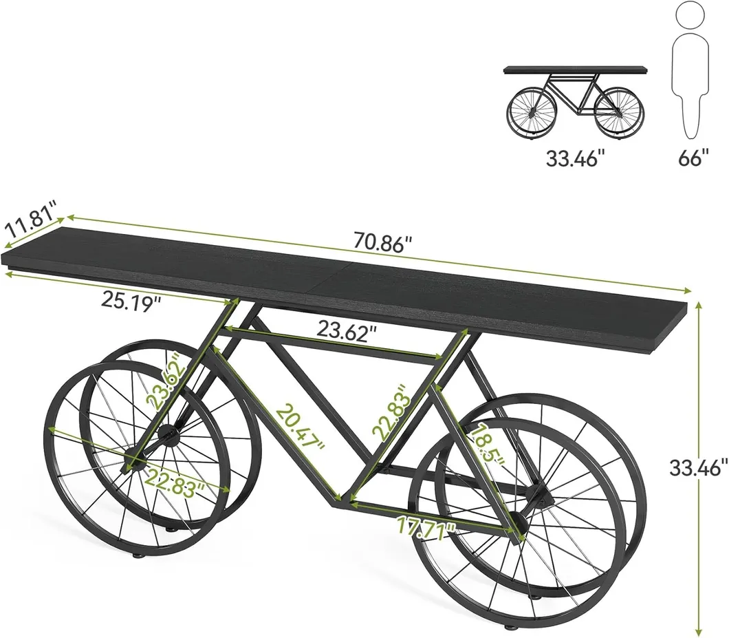 Mesa de Sofá Estreita de Design Preto para Bicicleta 70.9-Inch Mesa de Consola Extra Longa para Entrada