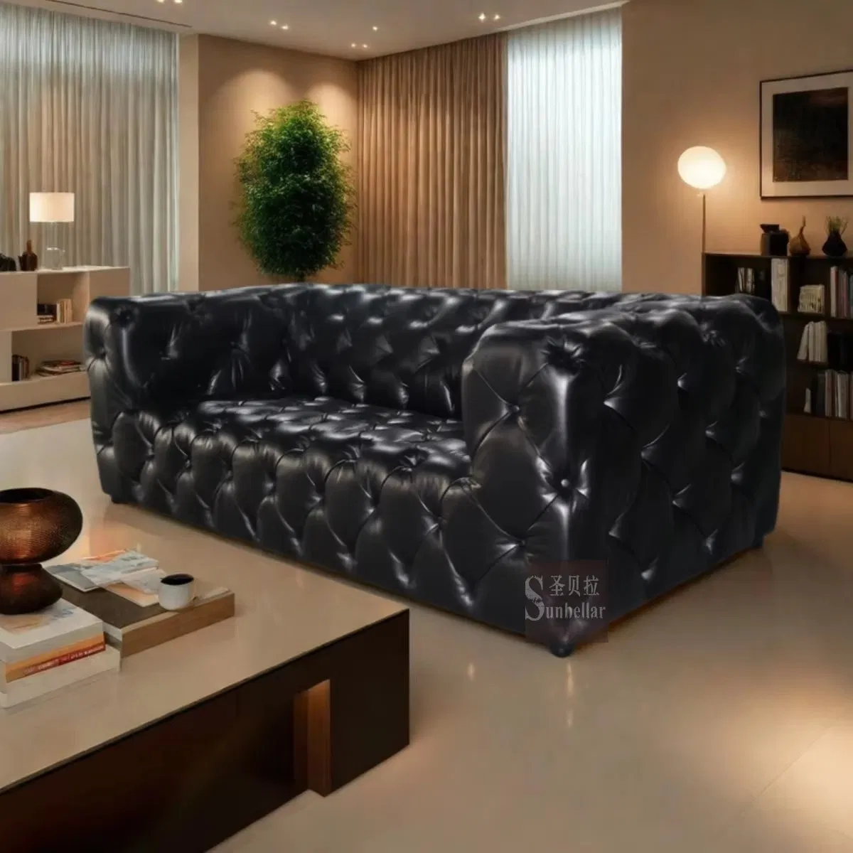 Sofá Chesterfield de Couro Genuíno Personalizado para Sala de Estar, Escritório, Hotel 3 lugares