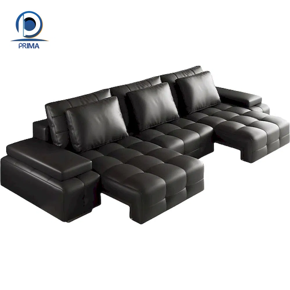 Sofá Seccional Cama Elétrica Modular em Couro Genuíno Preto Meia-Noite