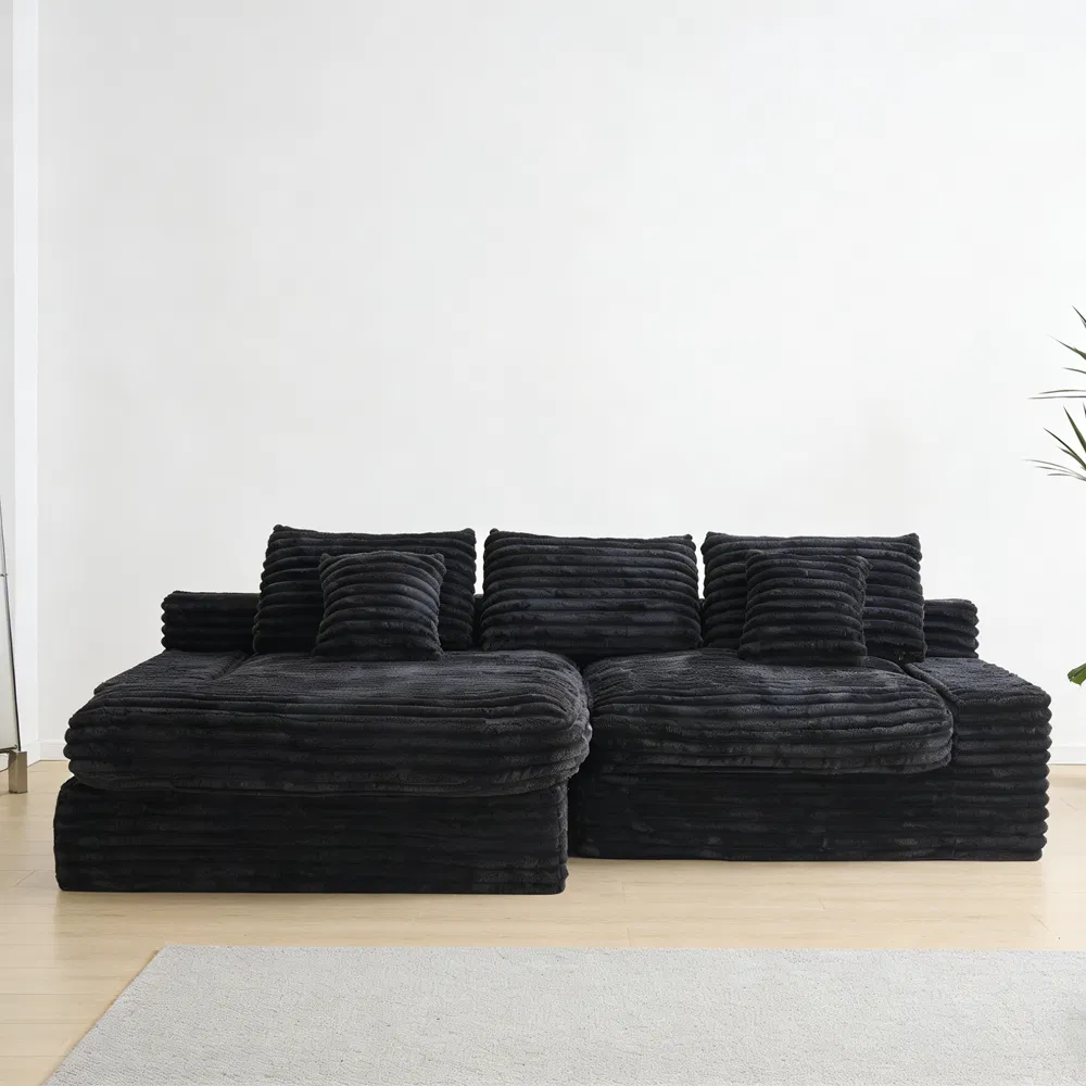 Sofá Comprimido de Tecido Preto Estilo Americano para Sala de Estar Conjunto de Sofá Modular em L Móveis Modernos