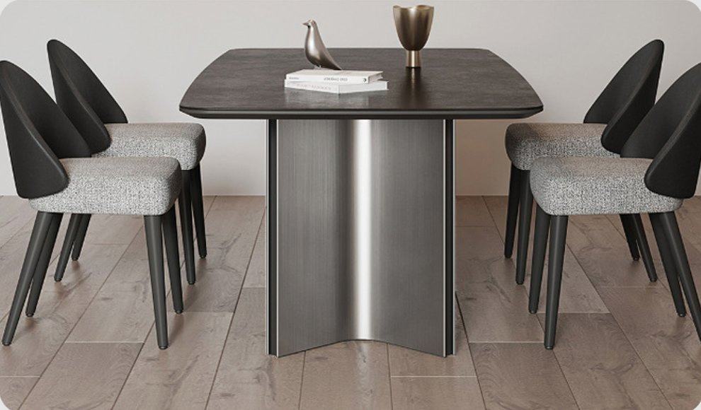 Conjunto de Móveis para Sala de Jantar em Estilo Moderno Italiano com Tampo de Mármore e Pernas de Aço Inoxidável, Mesa de Jantar Retangular em Pedra Sinterizada para o Lar