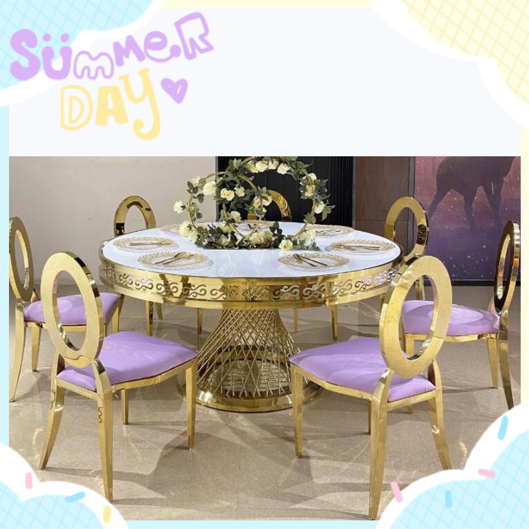 Seis 8 12 Assentos para Pessoas em Torno da Mesa de Casamento e Conjunto de Cadeiras Bliss Mesa de Jantar de Vidro de Mármore Dourada Conjunto de Móveis para Casamento Aluguel de Evento Mesa de Restaurante