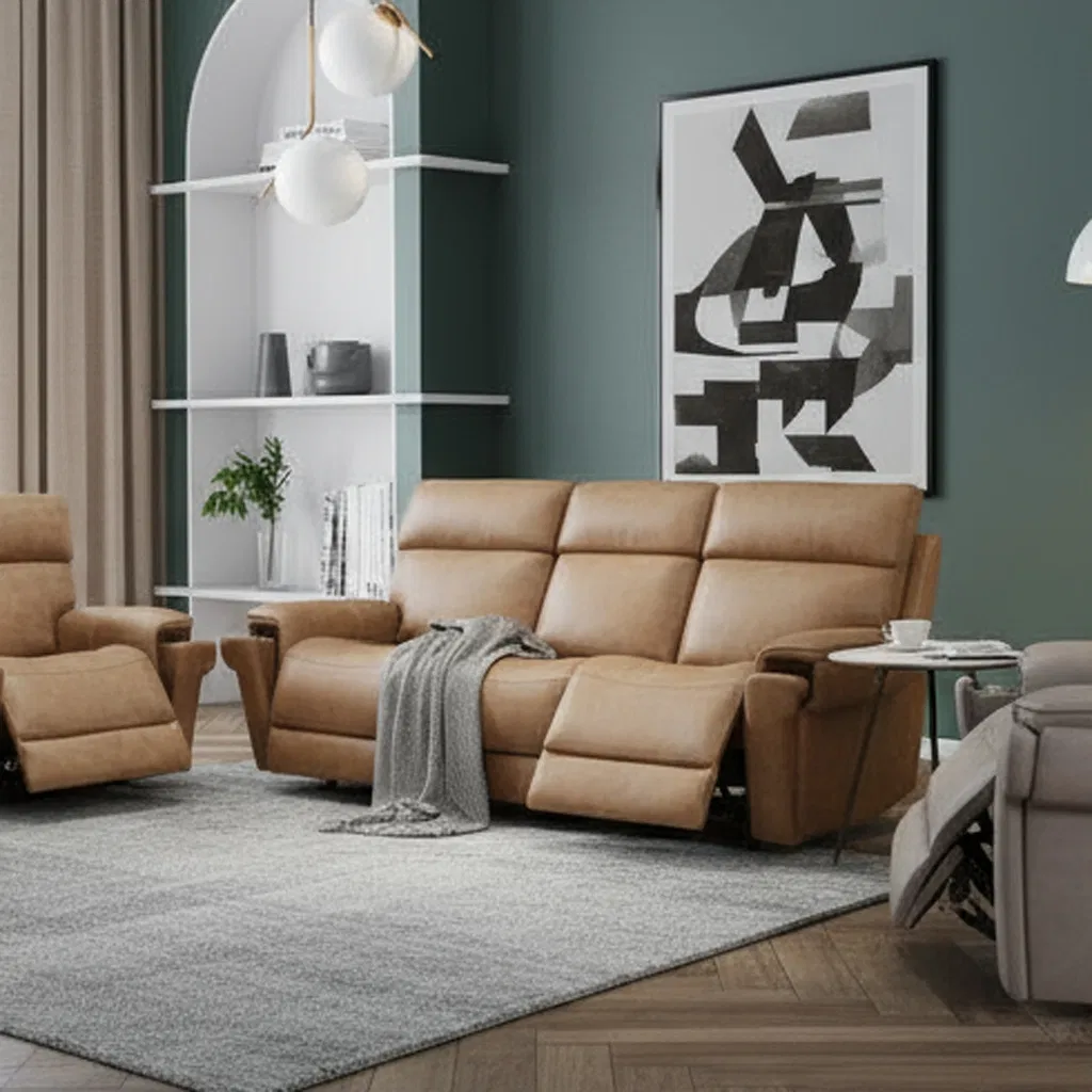 Sofá Recliner Manual de Couro Modular Moderno Conjunto de Sofás para Sala de Estar