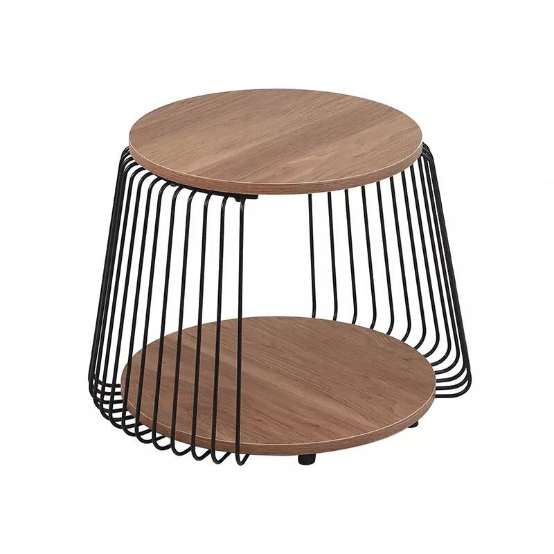 Mesa de canto lateral de café moderna com tampo de madeira e estrutura de metal