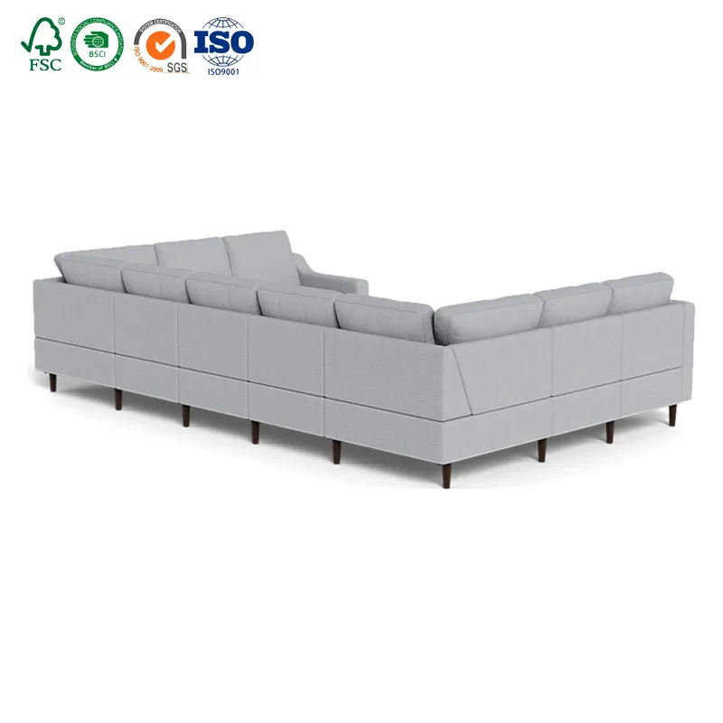 Novo Sofá Seccional em Forma de U Estofado com Penas e Plumas, Cinza Nuvem, com Cama e USB