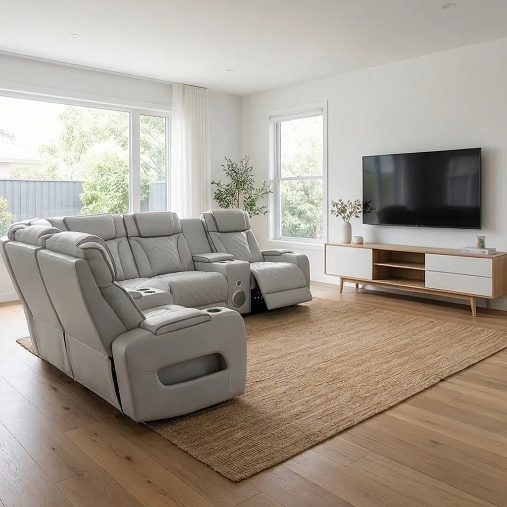 Venda Quente Sofá Recliner Elétrico Duplo em Couro Preto para Sala de Estar Sofás Seccionais de Luxo com Luz LED Apoio de Cabeça Ajustável Carregamento Sem Fio USB/Usc