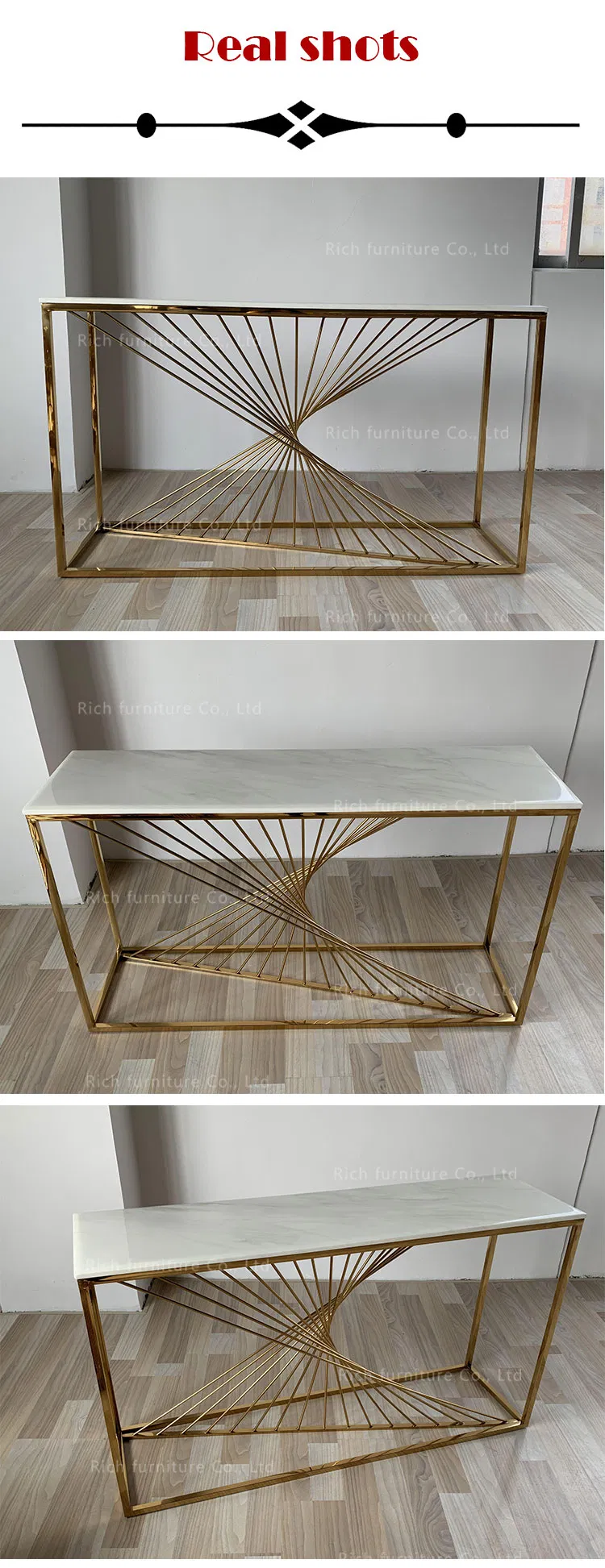 Mesa de Entrada de Mármore Branco com Estrutura de Metal Inoxidável Dourada