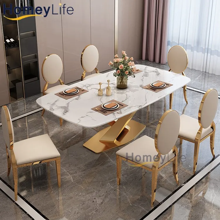 Conjunto de Mesa de Jantar de Luxo Italiana para Sala de Jantar Mesa Quadrada com Topo de Mármore