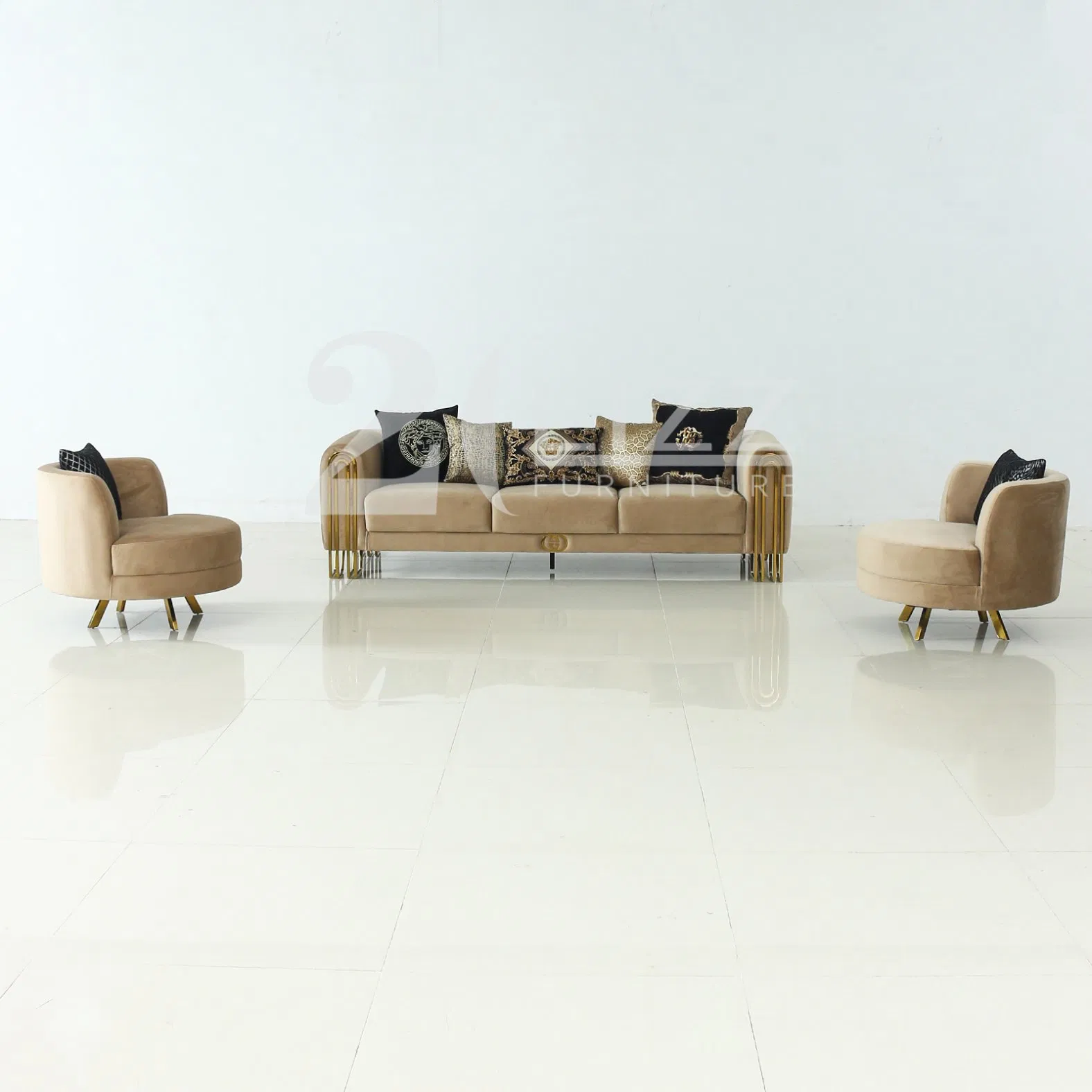 Conjunto de Sofá, Cadeira e Couch de Veludo para Sala de Estar de Luxo Moderno 1 2 3 com Pernas Douradas