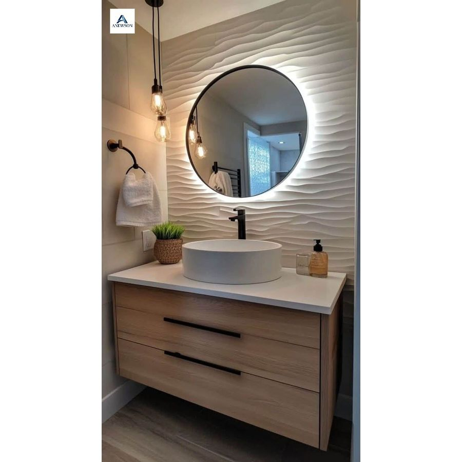 Dobradiça de armário personalizada de fábrica, acabamento fino, economia de espaço, painel espesso, cor personalizada, acabamento laqueado, durável, à prova d'água, design moderno para vaidade
