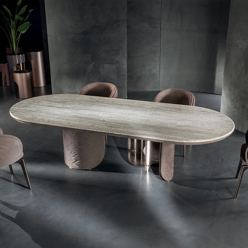 Mesa de Jantar Oval de Mármore Luxuosa com Pedestais Duplos e Pernas de Metal para Decoração de Villa