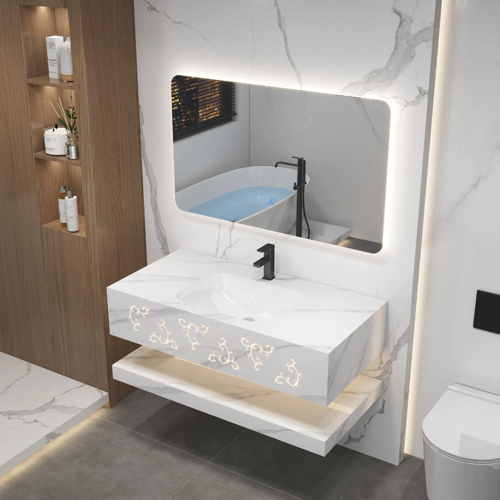 Design de Cor de Mármore Slab Rock Moderno Unidade de Banho Espelho Pia Flutuante Vanidade de Banheiro