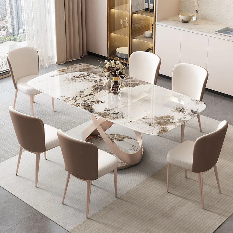 Conjunto de mesas de jantar em mármore Luxury com cadeira em aço inoxidável Base de aço