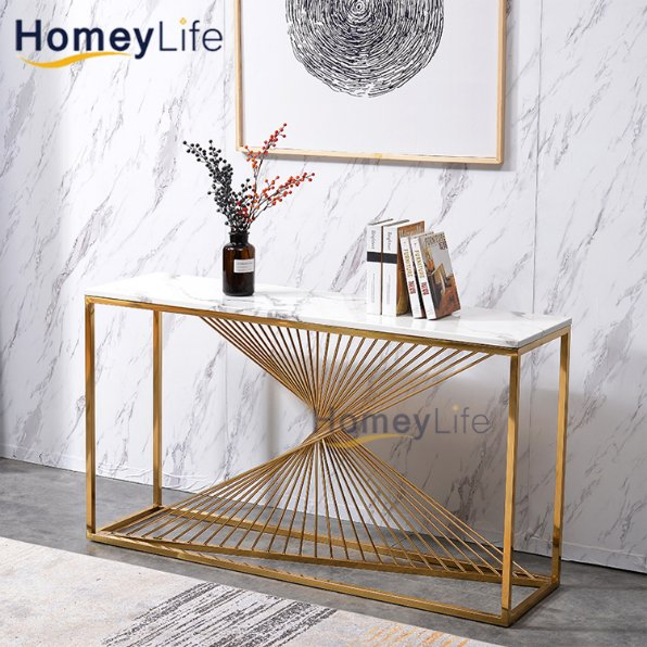 2024 Mesa de Consola Estreita de Mármore Branco com Base de Metal Dourado para Hall de Entrada, Decoração de Casa Moderna de Luxo Italiana em Estilo Nórdico