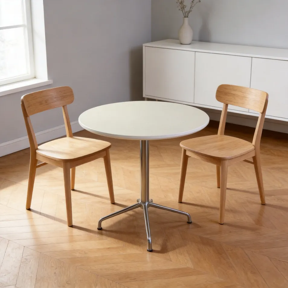 Mesa redonda de madeira para restaurante, base de aço inoxidável, mesa de café, design simples, mesa para escritório e sala de negociação