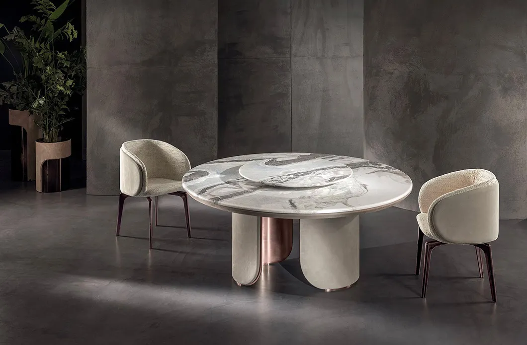 Mesa de Jantar Oval de Mármore Luxuosa com Pedestais Duplos e Pernas de Metal para Decoração de Villa