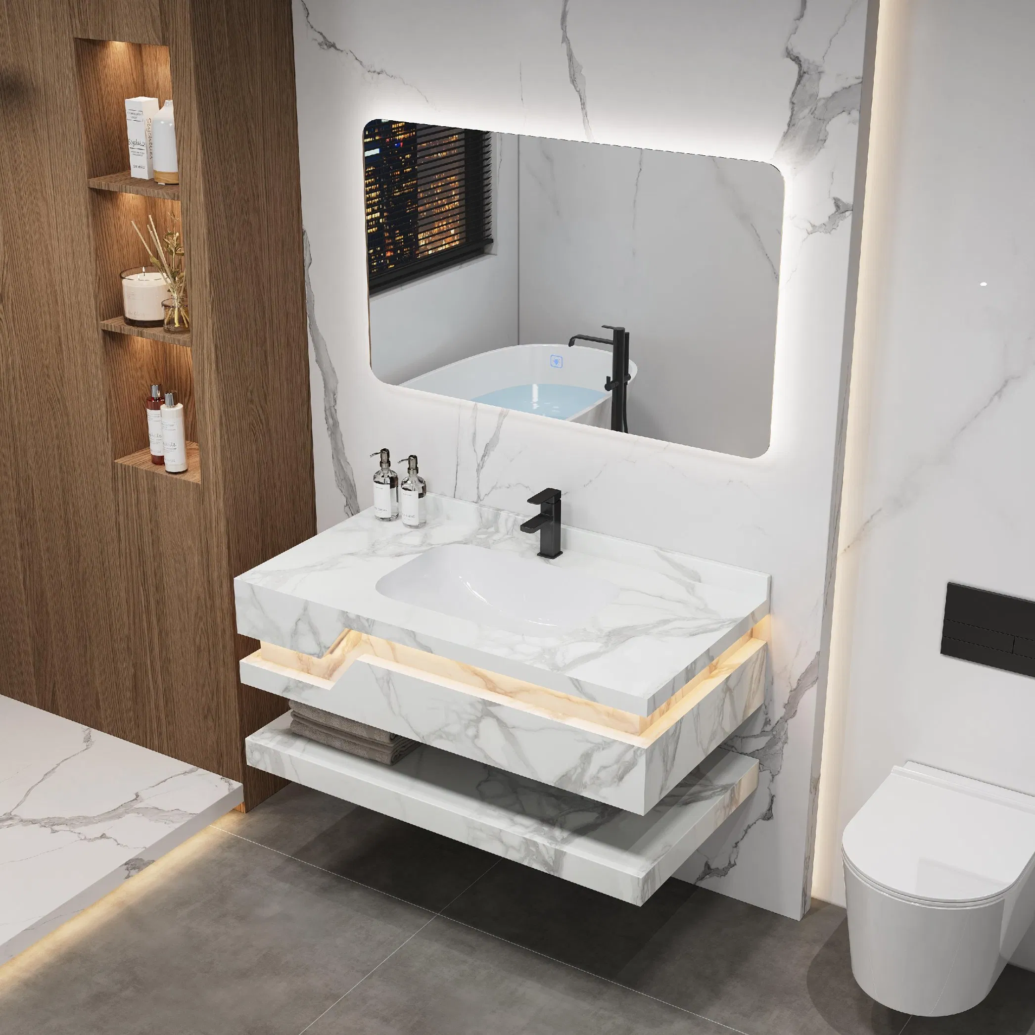 Design de Cor de Mármore Slab Rock Moderno Unidade de Banho Espelho Pia Flutuante Vanidade de Banheiro