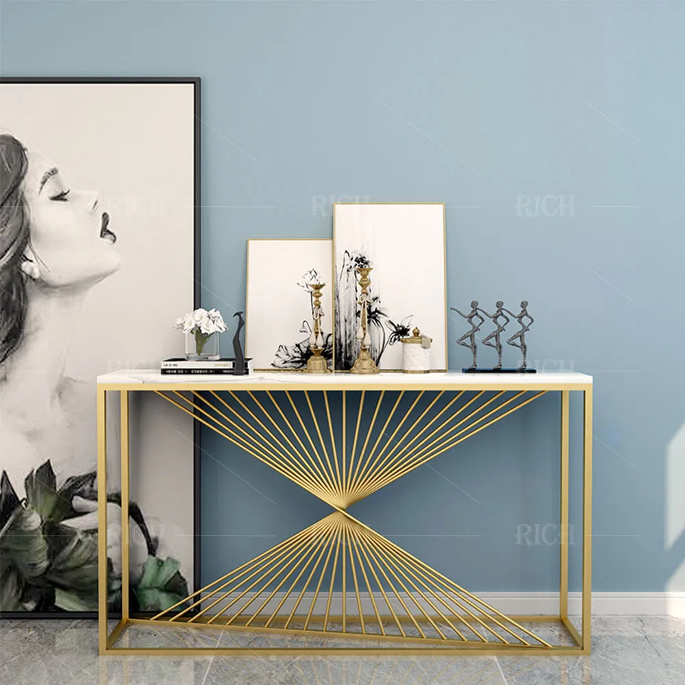 Mesa de Entrada de Mármore Branco com Estrutura de Metal Inoxidável Dourada