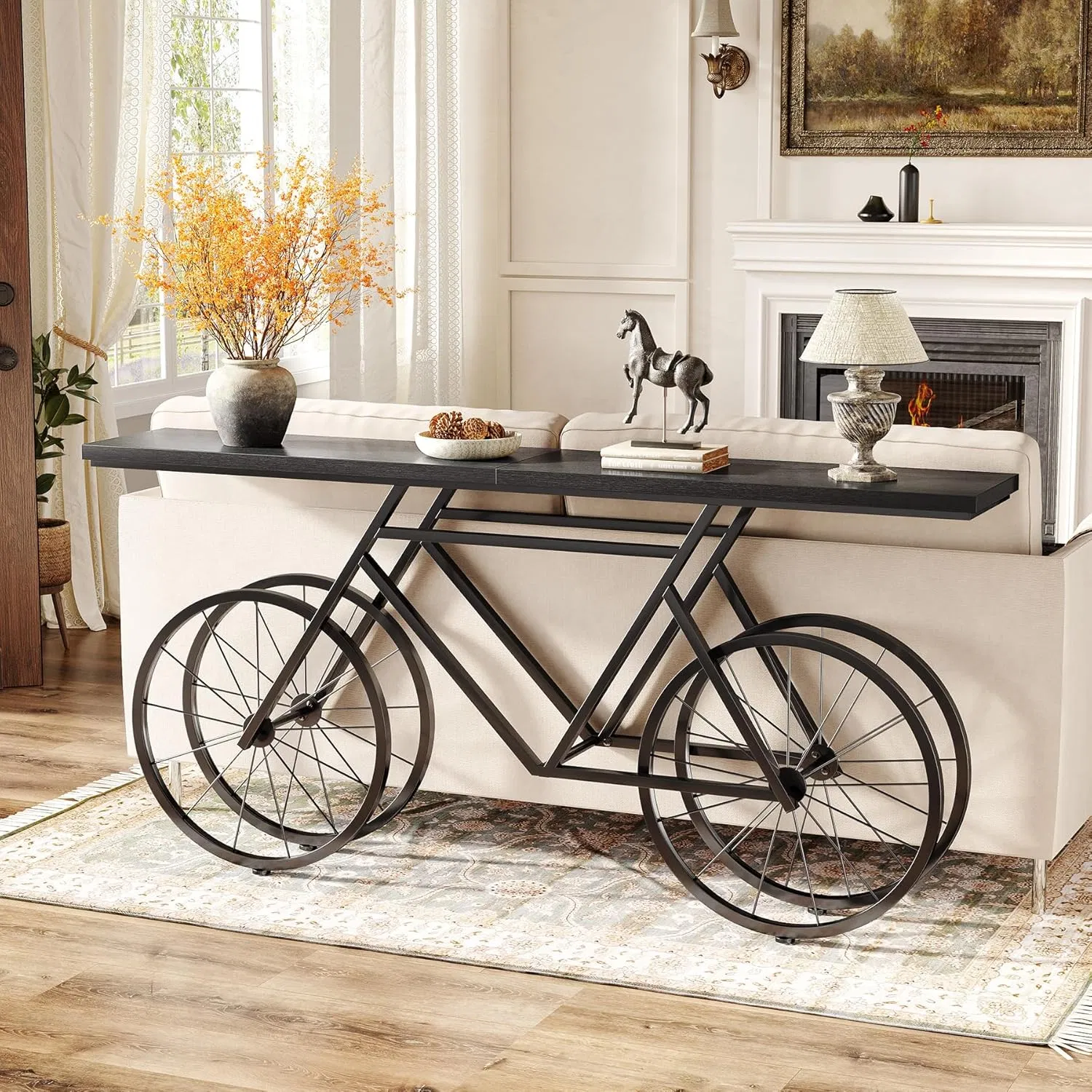 Mesa de Sofá Estreita de Design Preto para Bicicleta 70.9-Inch Mesa de Consola Extra Longa para Entrada