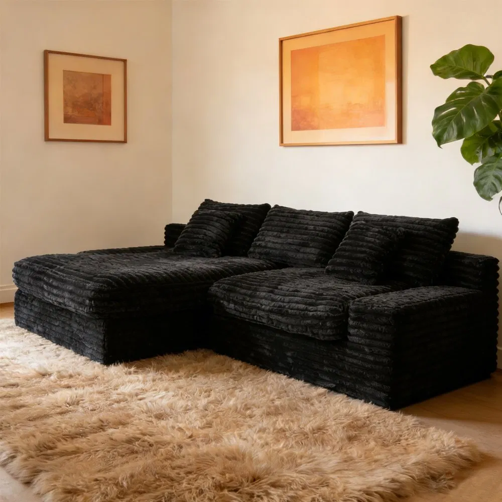 Sofá Comprimido de Tecido Preto Estilo Americano para Sala de Estar Conjunto de Sofá Modular em L Móveis Modernos