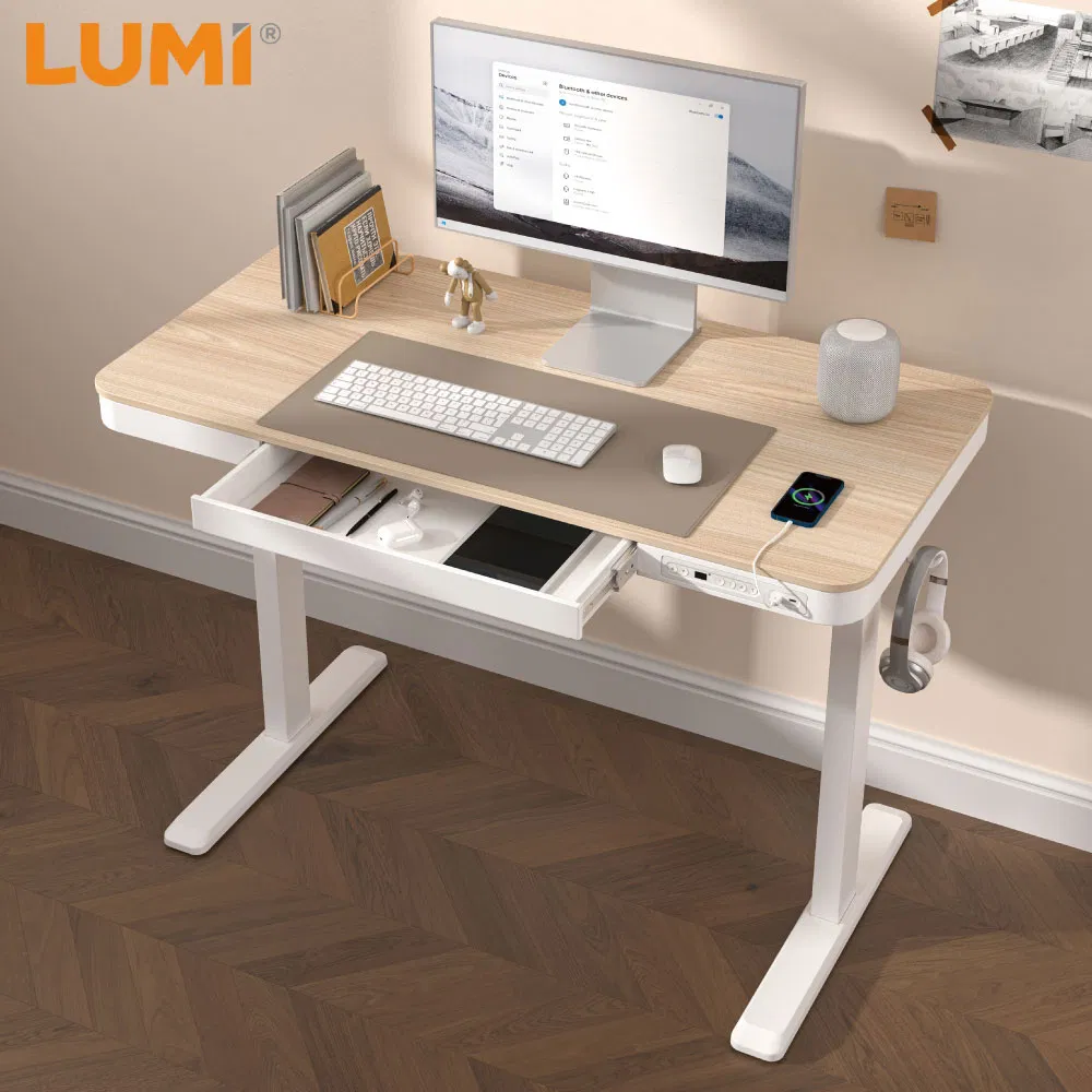Mesa de jogos elétrica ergonômica ajustável em altura com motor único inteligente, com gaveta e portas USB, para escritório em casa e computador portátil, com elevação para sentar e ficar em pé
