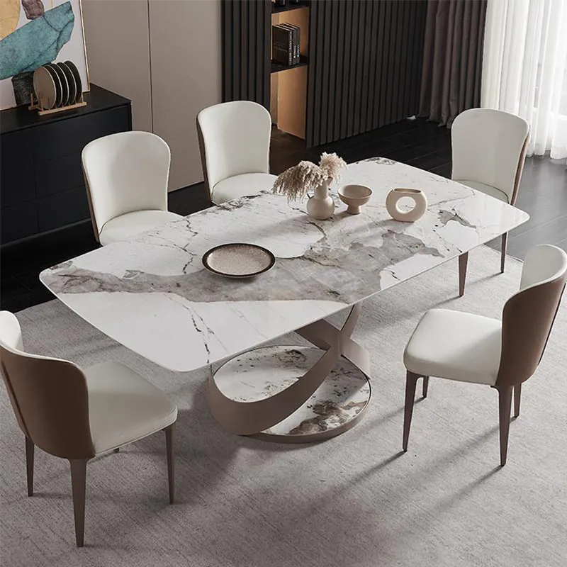 Conjunto de mesas de jantar em mármore Luxury com cadeira em aço inoxidável Base de aço