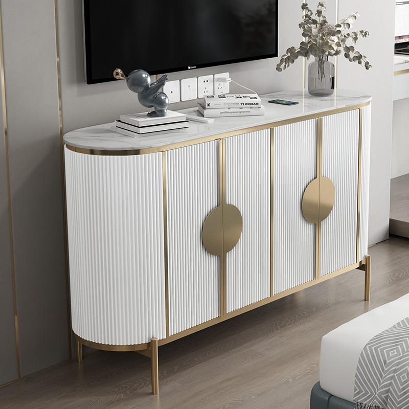 Mesa de console de madeira com design luxuoso, tampo de mármore, aparador com pernas de ouro moderno para sala de estar