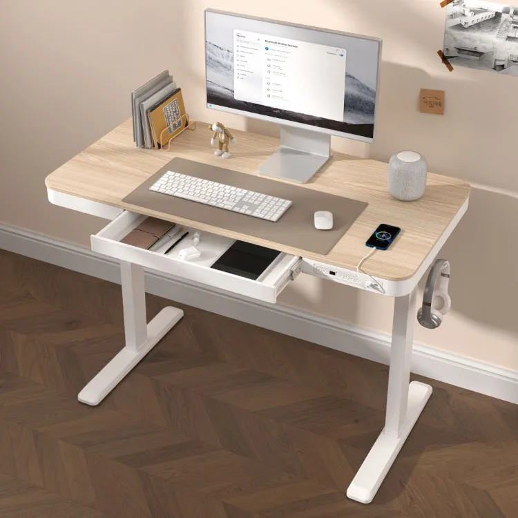 Mesa de jogos elétrica ergonômica ajustável em altura com motor único inteligente, com gaveta e portas USB, para escritório em casa e computador portátil, com elevação para sentar e ficar em pé