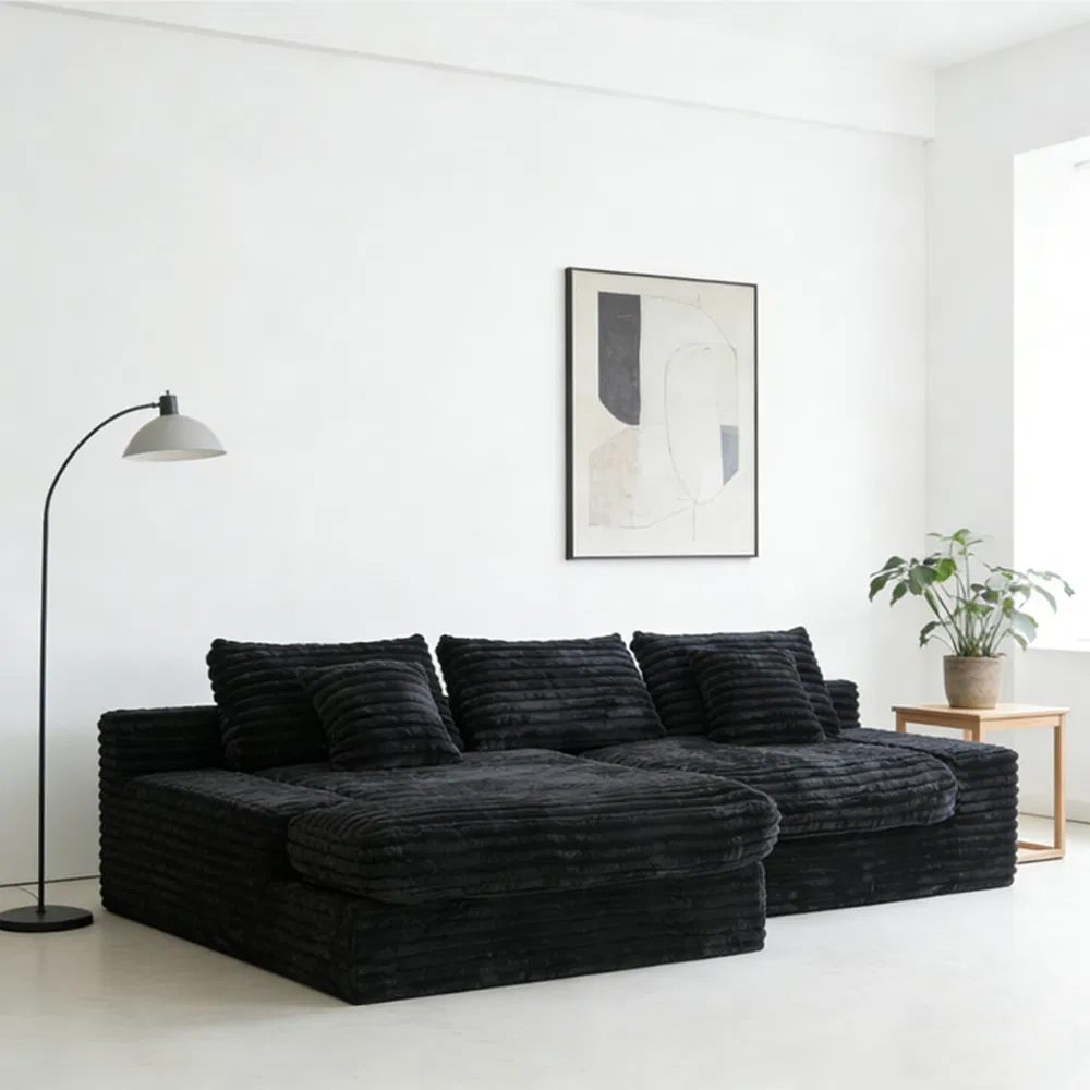 Sofá Comprimido de Tecido Preto Estilo Americano para Sala de Estar Conjunto de Sofá Modular em L Móveis Modernos