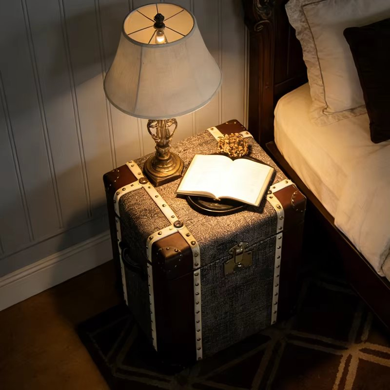 Vintage Industrial Genuine Leather Top Storage Bedside Bedroom Coffee Side Table